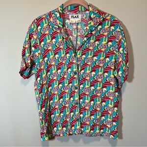 FLAX Women’s Rayon Button Down Shirt Multicolor Pineapple Print Small